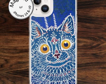 Cat lover iPhone case (MagSafe) with funny animal painting on dark blue, gift for pet owner by Louis Wain for models 14 - 17