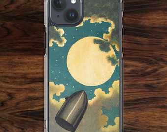 Jules Verne iPhone case with vintage illustration of rocket to the moon for space fans, sci-fi lovers, science fiction buffs