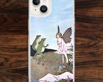 Fairy and frogs iPhone case in sweet storybook art illustration with pink mushrooms (17)