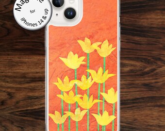 MagSafe: Flower collage iPhone case with bright yellow blooms on orange for iPhone models 14 - 17