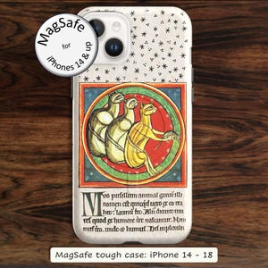 May include: A white phone case for iPhone 14 and up featuring a MagSafe logo, a pattern of small black stars, and a circular illustration of three cats in red, green, and gold tones. Below the image is Latin text starting with the letter M.