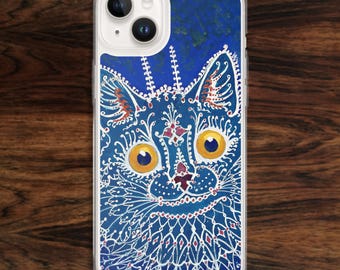 Cat lover iPhone case with funny animal painting on dark blue, gift for pet owner by Louis Wain