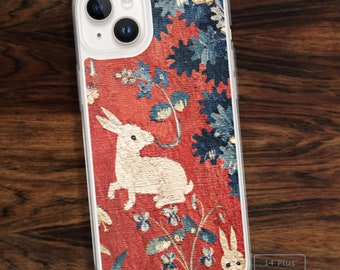 Medieval rabbits iPhone case in red from Lady and Unicorn tapestries