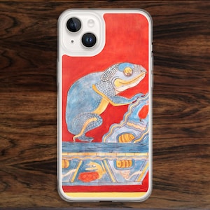 Mexican iPhone case with cute ancient mythical Mayan frog on red background
