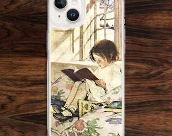 Book reader iPhone case for librarians, bibliophiles, with vintage art of child in nostalgic window sunlight (17)