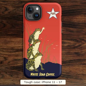 May include: A red phone case for iPhone 11 through 17 featuring a graphic of three stacked green frogs, tall green grass, and a white star with the text PURE. The bottom of the case displays the text WHITE STAR COFFEE in yellow lettering.