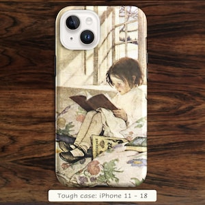 May include: A phone case for iPhone 11 through 18 featuring a printed illustration of a child reading a book while sitting on a floral patterned surface near a window. The case has a camera cutout at the top and the text Tough case: iPhone 11 - 18.