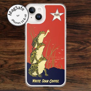 MagSafe vintage frog coffee ad iPhone case: quirky red java lover poster gift for iPhone models 14 - 17