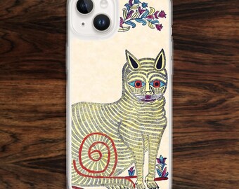 Funny cat iPhone case with quirky 19th century Russian art drawing of yellow animal (17)