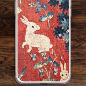 Medieval iPhone case with rabbits in red from Lady and Unicorn tapestry for lovers of Middle Ages art, medievalists, and color lovers