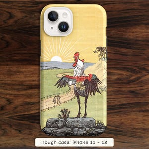 May include: A phone case for iPhone 11 through 18 featuring a printed illustration of a rooster standing on a rock at sunrise. The scene includes a winding path, a distant landscape, and the text Tough case: iPhone 11 - 18 at the bottom.