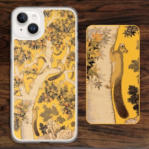 May include: A clear phone case and a rectangular phone skin featuring a yellow background with a tree and squirrels. The tree has white bark and brown branches with orange and green leaves. The squirrels are brown and gray.