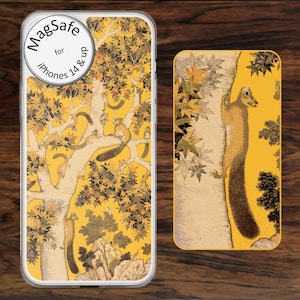 May include: A phone case with a MagSafe compatible design featuring a yellow background with a tree and squirrels. The text "MagSafe for iPhones 14 & up" is printed on the case.