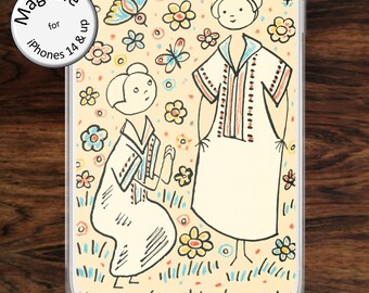 Romantic couple iPhone case (MagSafe) in cartoon-like art work with flowers & butterflies for models 14 - 17