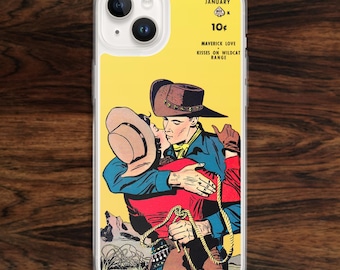 Western comic book iPhone case with romantic kissing cowboy and cowgirl lovers for retro fans (17)