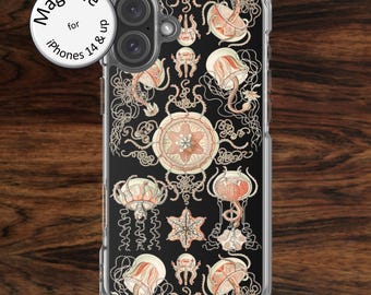 MagSafe: Quirky iPhone case with jellyfish in cool pink marine sea creatures design botanical art for iPhone models 14 - 17