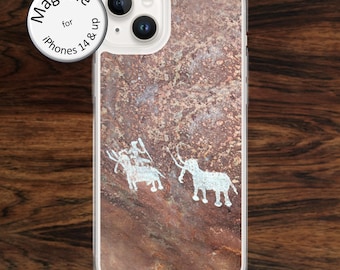 MagSafe: Cave painting iPhone case with ancient prehistoric elephant drawing from 10,000 BCE in India for iPhone models 14 - 17