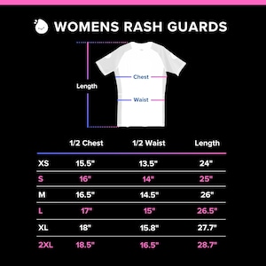 May include: White rash guard with size chart. The chart shows measurements for XS to 2XL sizes, including chest, waist, and length in inches. The text "WOMENS RASH GUARDS" is at the top.