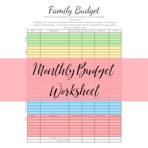 May include: A printable monthly budget worksheet with sections for income, bills and expenses, giving, entertainment, and debt. The worksheet has a pink, yellow, green, and blue colour scheme. The text "Monthly Budget Worksheet" is in black.