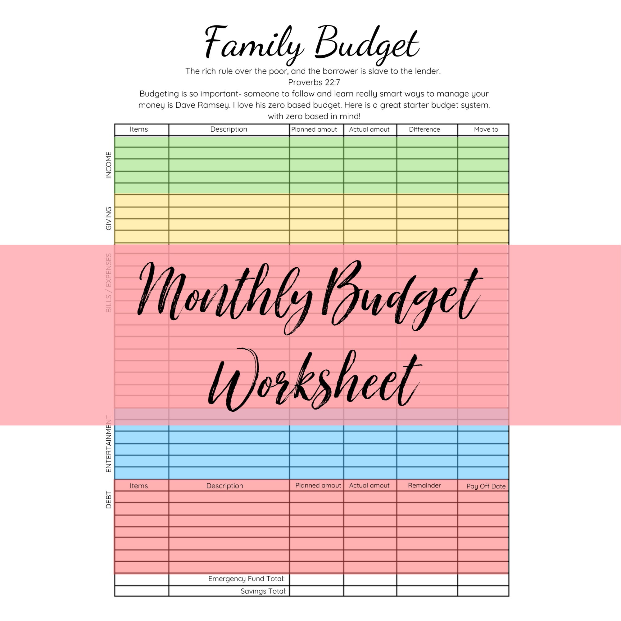 Family Monthly Budget Worksheet Etsy