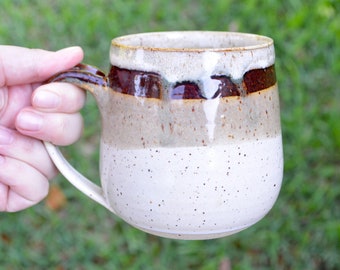 Rustic White and Brown Handmade Pottery Cafe Mug, 15oz