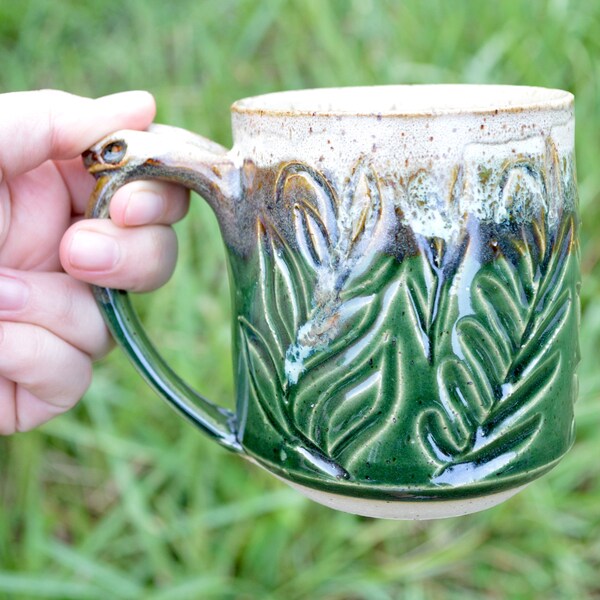 Green Fern and Vine Botanical Handmade Pottery Mug with Thumb Rest, 11oz