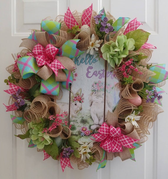 Pink Bunny wreath spring decor Easter wreath