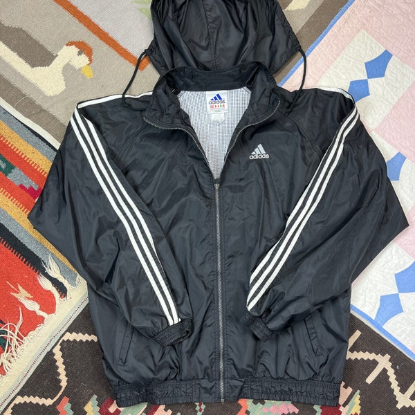 Vintage 90s 1990s Adidas Full Zip Windbreaker Jacket Hooded Nylon Striped Black XL