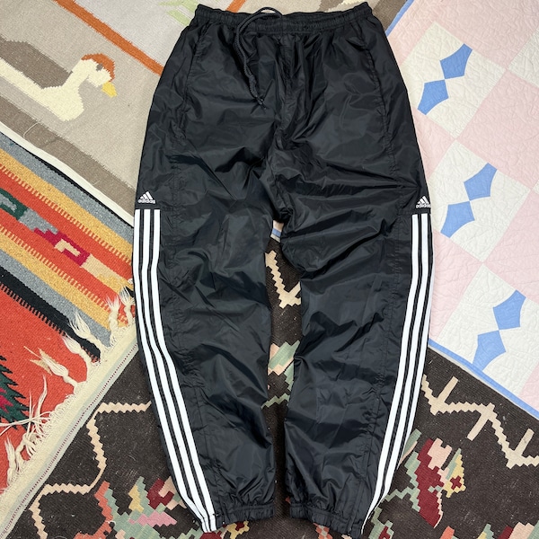 Vintage 90s 1990s Adidas Track Pants Striped Nylon Baggy Black Medium