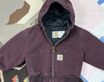 Vintage 90s 1990s Carhartt Hooded Jacket Quilt Lined Maroon Made in USA Baby Infant Size 2T