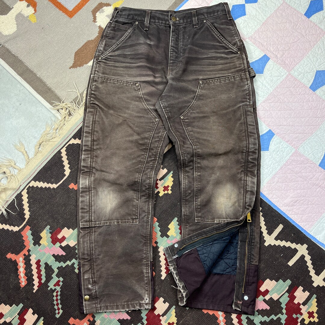 Vintage 90s 2000s Carhartt Double Knee Quilt Lined Pants Brown Faded Distressed Workwear Size