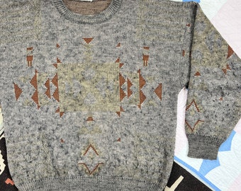 Vintage 90s 1990s Caesar Chunky Knit Fisherman Sweater Wool Southwestern Aztec Large