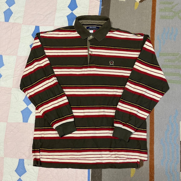 Vintage 90s 1990s Tommy Hilfiger Striped Rugby Polo Shirt Multi-Color Long Sleeve XL