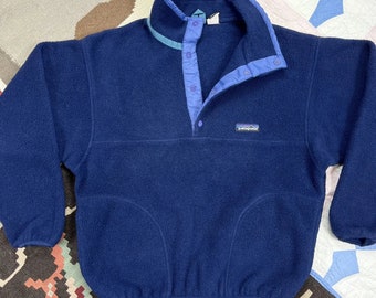 Vintage 90s 1990s Patagonia Snap Fleece Synchilla Blue Made in USA Youth Kids Size 12 (Medium)