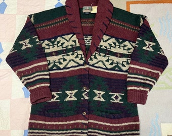 Vintage 80s 90s EMS Eastern Mountain Sports Handknit Cardigan Sweater Southwestern Aztec Wool XL