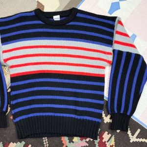 Vintage 80s 90s Mistral Chunky Cable Knit Fisherman Sweater Striped Multi-Color Medium