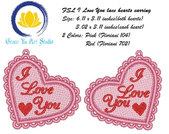 FSL I love you lace earring,  Machine Embroidery Design, Free Standing Lace FSL, Digital Download