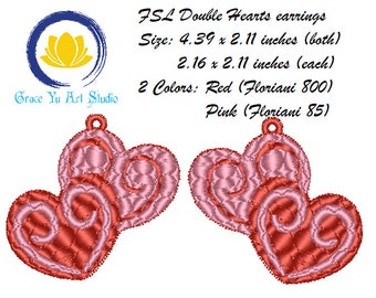 FSL double hearts earring, Machine Embroidery Design, Free Standing Lace FSL, Digital Download