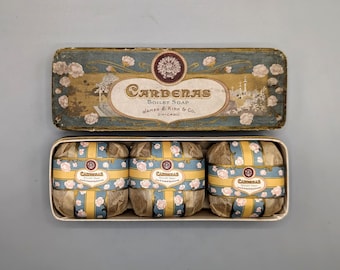 James S. Kirk & Co., Cardenas Toilet Soap, Rare Vintage Set of Decorative Wrapped Soaps w/ Original Gift Box (1908)