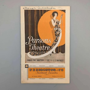 May include: A vintage advertisement for Parsons Theatre in Hartford, Connecticut. The ad features a woman in a black and white dress with a long string of pearls. The background is a stylized orange sun with black and white stripes.