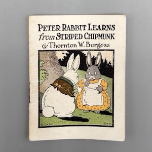 Op de afbeelding: Een vintage boekomslag getiteld "Peter Rabbit Learns from Striped Chipmunk" door Thornton W. Burgess. De illustratie toont twee konijnen, een witte en een grijze, in een kleurrijke buitenscène. Het boek heeft een versleten uiterlijk.
