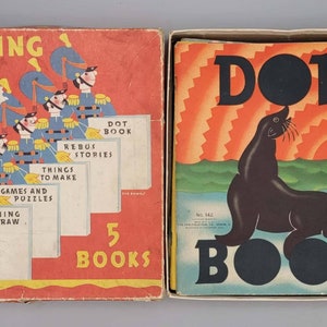 Saalfield Publishing Company, Keeping Busy, Rare Vintage Set of Five Softcover Children&#39;s Activity Books w/ Original Box (1937)