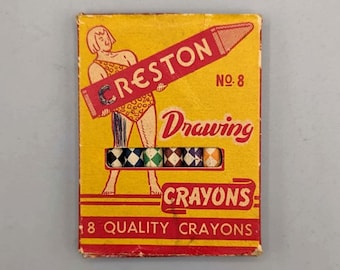 Creston Drawing Crayons, No. 8, Rare Vintage Full Box of Color School Crayons (1940's)
