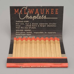 Vintage Full & Unstruck Front Strike Matchbook - Milwaukee Chaplets, Wisconsin (1960&#39;s)