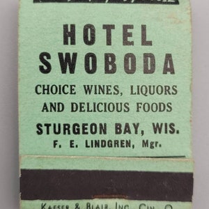 Vintage Full & Unstruck Front Strike Matchbook - Hotel Swoboda, Ohio (1950&#39;s)