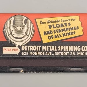Vintage Full & Unstruck Front Strike Matchbook - Detroit Metal Spinning Company, Michigan (1950&#39;s)
