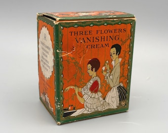 Richard Hudnut, Three Flowers Vanishing Cream, Vintage Sealed Bottle of Cosmetic Cream w/ Art Deco Box (1920's)
