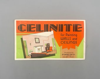 M. Ewing Fox Co., Celinite: Para pintar paredes y techos, folleto de pintura antiguo con tarjeta de muestras de color (década de 1930)