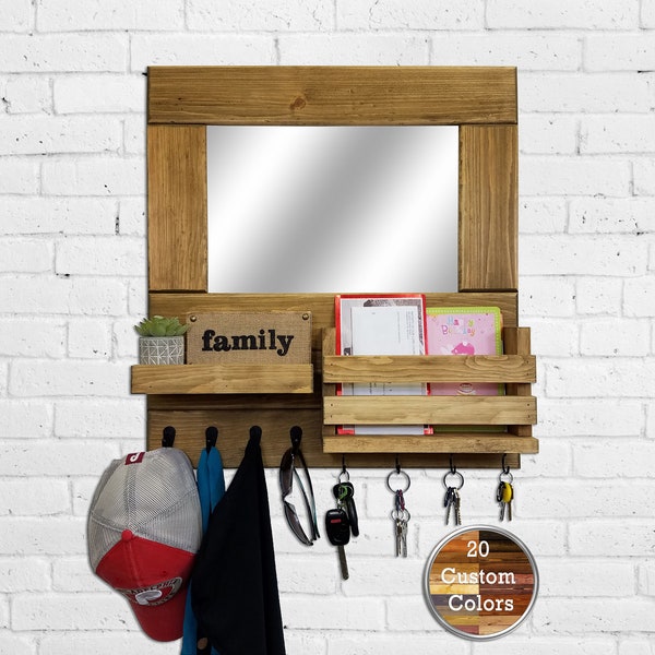 Bristol Entryway Organizer - Functional Mail Holder, Key Hooks, and Coat Hooks with Accent Mirror with Shelf