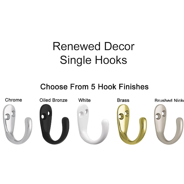 Single Hooks - Available in 5 Finishes - Oiled Bronze - Brushed Nickel - Chrome - Brass - White - Key Hooks - Coat Hooks - Robe Hook - Towel